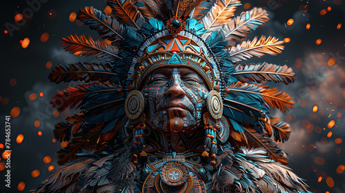 epic cosmic ancestral mayan god or warrior among cosmic stars, universe, mayan wisdom