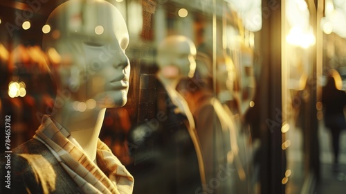 beige mannequins are visible through large glass windows of an elegant boutique, illuminated by warm sunlight 