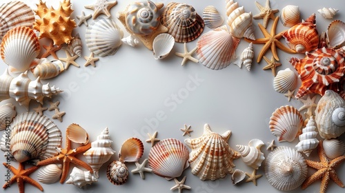Seashell Frame on White Background Generative AI