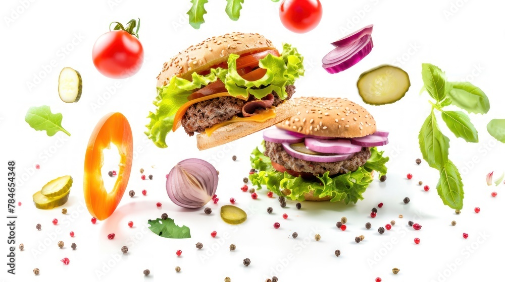 Big burger with pieces of beef and fresh vegetables on white background Big burger with pieces of beef and fresh vegetables on white background