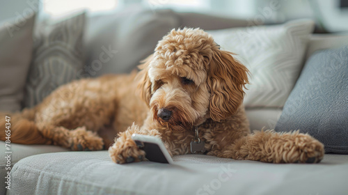 Funny ginger dog lying on the sofa indoors in the house, looking at the mobile phone screen, browsing or reading or watching.