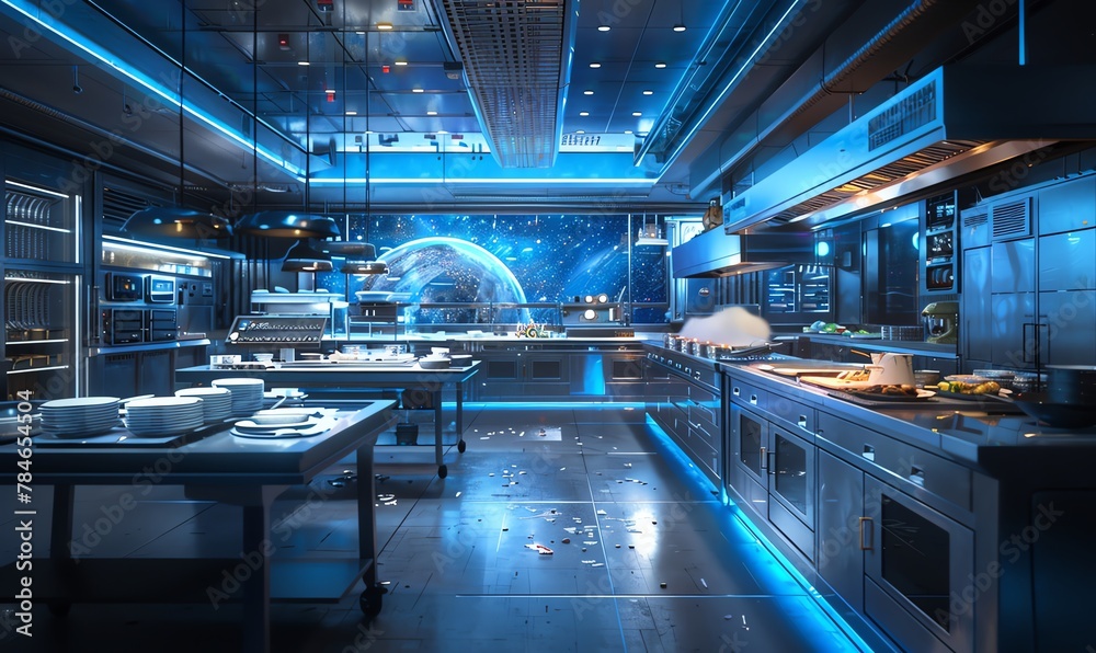 Blend space exploration elements with culinary arts in a traditional art medium, focusing on innovative lighting techniques for a captivating effect Blend space exploration elements with culinary arts in a traditional art medium, focusing on innovative lighting techniques for a captivating effect