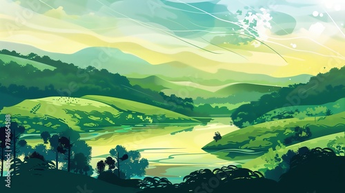 An abstract Illustration of organic green meadow with a tree in a valley at dusk, wallpaper illustration