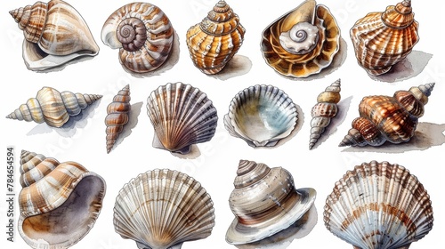 Sketch Style Illustration of Varied Mollusk Seashells Generative AI