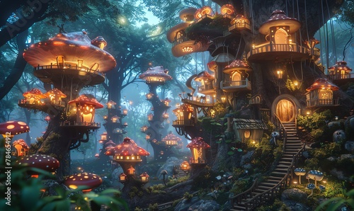 Create a digital rendering of a whimsical fantasy world with towering tree-houses nestled among glowing mushrooms, transporting viewers into a dream-like realm with surprising camera angles