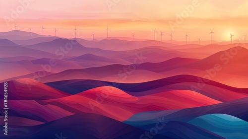 Abstract organic blue and pink lines with silhouettes of wind turbines, hazy dusk effect. wallpaper background illustration, climate change concept. photo