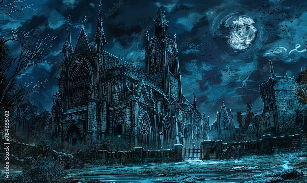 Illustrate a sprawling gothic cathedral at nightfall, imbuing a sense of mystery and grandeur using a pen and ink technique to combine horror and architectural elements