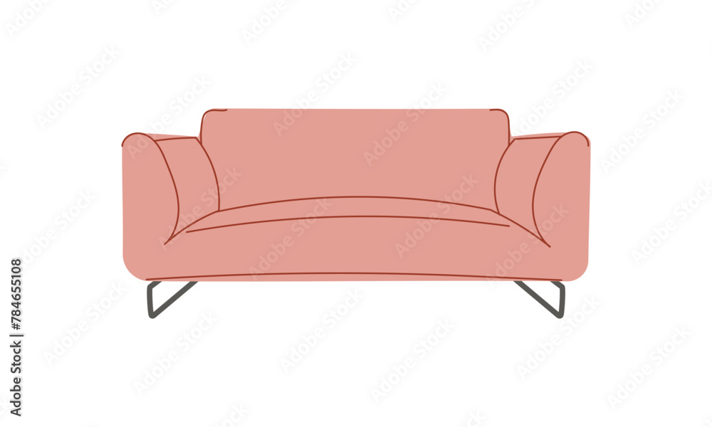 Fashionable pink sofa with retro style pillows. A modern collection of upholstered furniture. Flat vector illustration