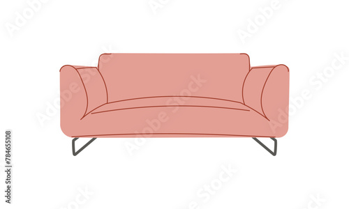 Fashionable pink sofa with retro style pillows. A modern collection of upholstered furniture. Flat vector illustration