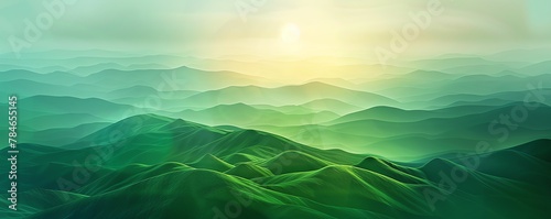 Abstract organic green hills and mountains hazy dusk effect. wallpaper background illustration, climate change concept.