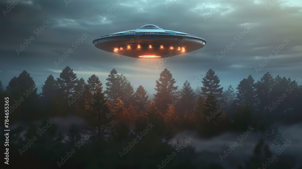 A flying saucer with lights over a forest A flying saucer with lights over a forest