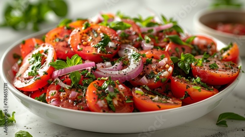 Fresh Tomato and Onion Salad in a Rustic White Bowl Generative AI