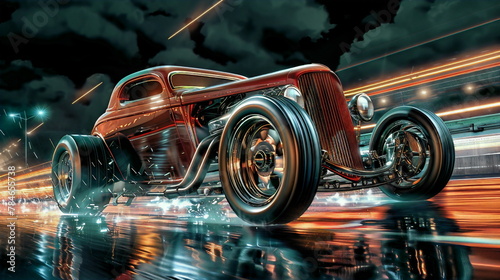 Detailed illustration of an ultra realistic vintage hot rod, wit