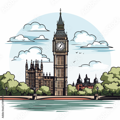 Big Ben hand-drawn comic illustration. Big Ben. Vector doodle style cartoon illustration