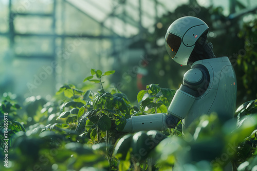 A robot is in a garden, tending to the plants
