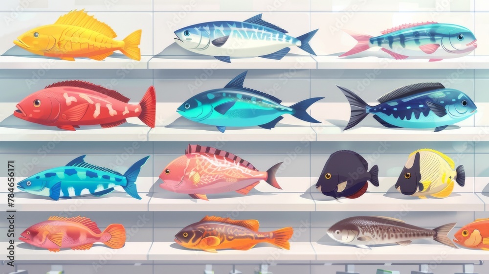 Naklejka premium Different type of fish seafood on supermarket shelfs wallpaper background