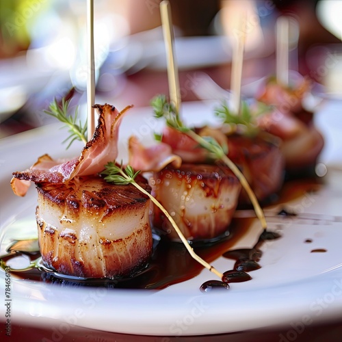 Bacon-wrapped scallops served as an elegant appetizer at a seaside restaurant photo