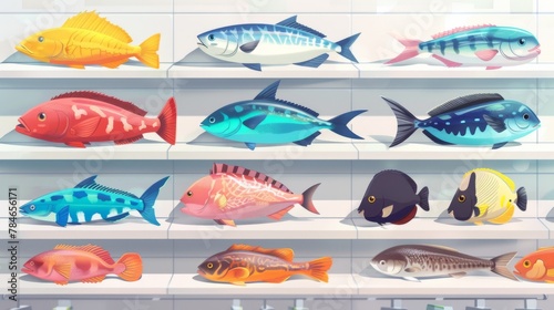 Different type of fish seafood on supermarket shelfs wallpaper background photo