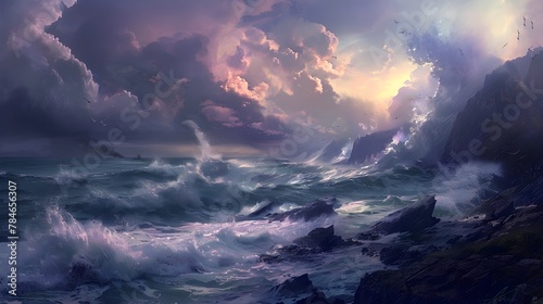 Dusk Descends on a Rugged Coastline Creating a Dramatic Symphony of Nature s Power and Beauty © May's Creations