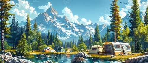 Bring the wilderness to life! Illustrate a detailed frontal view of a bustling camping scene using colorful pop art style Include trendy financial elements subtly integrated to reflect current financi