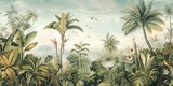 wallpaper jungle and leaves tropical forest birds old drawing vintage