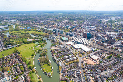 Sunny day in Caversham, Downtown Reading, and railway station, Berkshire, South of England. beautiful aerial view © gormakuma