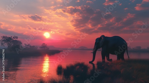 an elephant standing gracefully against the backdrop of a radiant sunset, its silhouette accentuated by the vivid colors of the evening sky, 