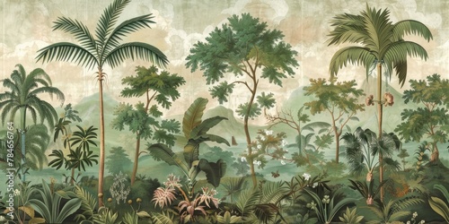 wallpaper jungle and leaves tropical forest birds old drawing vintage - generative ai 