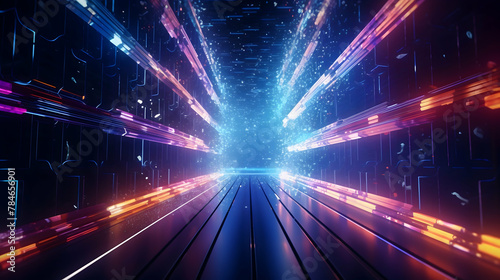 Embark on a mesmerizing journey through an abstract futuristic HUD tunnel, where technology reigns supreme, showcasing motion graphics of data centers, servers, and internet speed in breathtaking HD