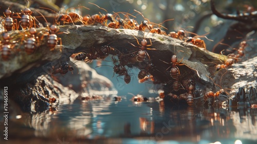 A swarm of industrious ants laboring together to construct a delicate bridge over a glistening stream, each tiny worker carrying its own weight