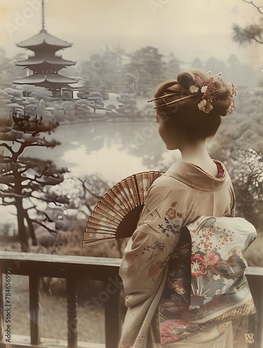Elegant Japanese Woman in Floral Kimono Holding Paper Fan in Serene Garden Landscape