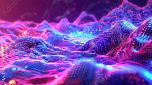 3D holographic mesh grid pulsating in a neon landscape © AI Farm