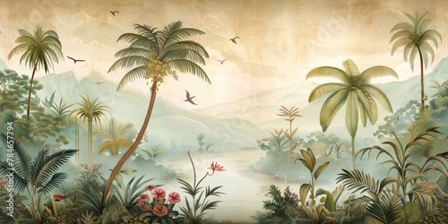 wallpaper jungle and leaves tropical forest birds old drawing vintage - generative ai  