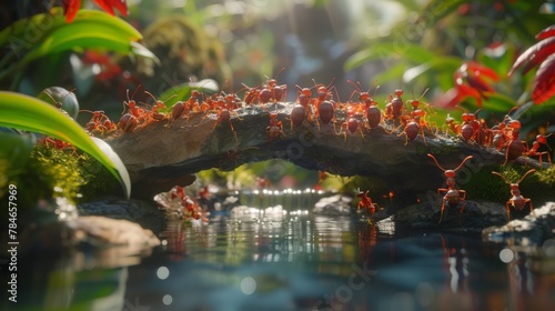 A swarm of industrious ants laboring together to construct a delicate bridge over a glistening stream, each tiny worker carrying its own weight © UMAR SALAM