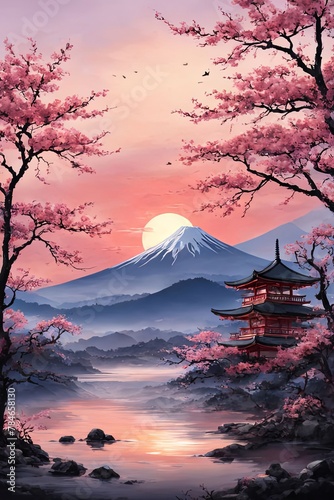 Traditional Japanese pagoda surrounded by blooming cherry trees in full pink blossom, embodying beauty of springtime scene in Japan. For interior, commercial spaces to create stylish atmosphere.