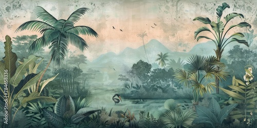 wallpaper jungle and leaves tropical forest birds old drawing vintage  © Andrus Ciprian