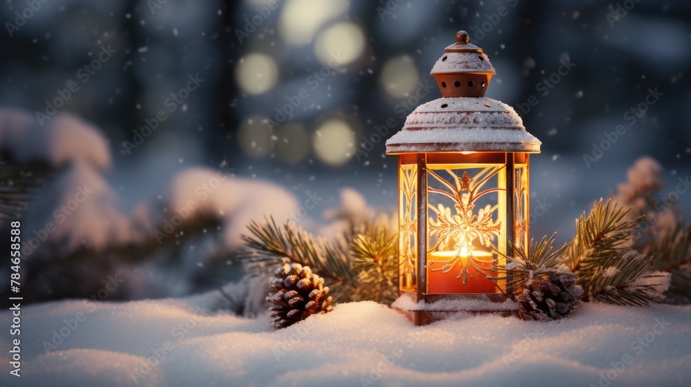 Enchanting Winter Scene with Glowing Lantern Amidst Snowflakes Enchanting Winter Scene with Glowing Lantern Amidst Snowflakes