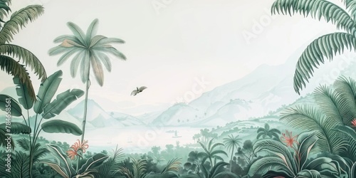 wallpaper jungle and leaves tropical forest birds old drawing vintage 