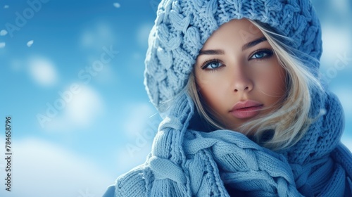 Radiant Winter Beauty in Blue Knitwear