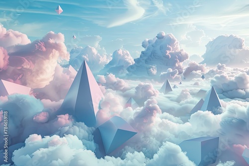 Surreal 3D landscape of soft clouds forming geometric shapes