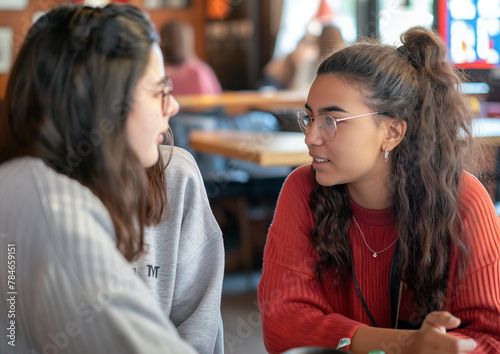 2023 photograph, daytime, teacher young women sitting in cafe talking to young woman from different culture, light airy lighting, colorful, cinematic