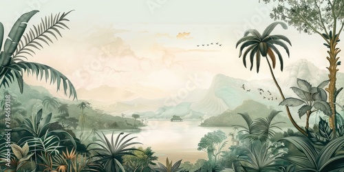 wallpaper jungle and leaves tropical forest birds old drawing vintage 