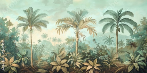 wallpaper jungle and leaves tropical forest birds old drawing vintage - generative ai  