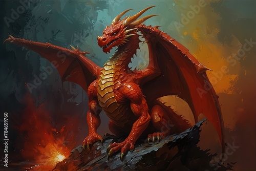 Red Legendary dragon sitting on top of a rocky cliff | Oil painting red dragon