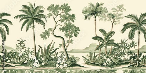 wallpaper jungle and leaves tropical forest birds old drawing vintage © Andrus Ciprian