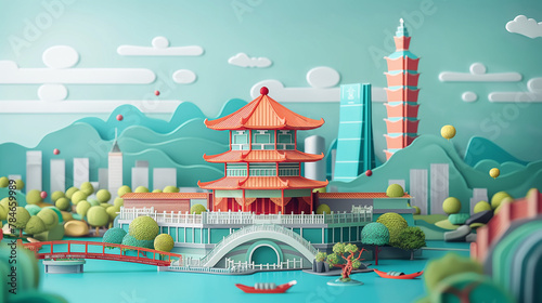 vector of Taipei city with Taipei 100 building on aerial view and Chinese temple in city, popular travel destination landmark in Asia, Taipei, Taiwan