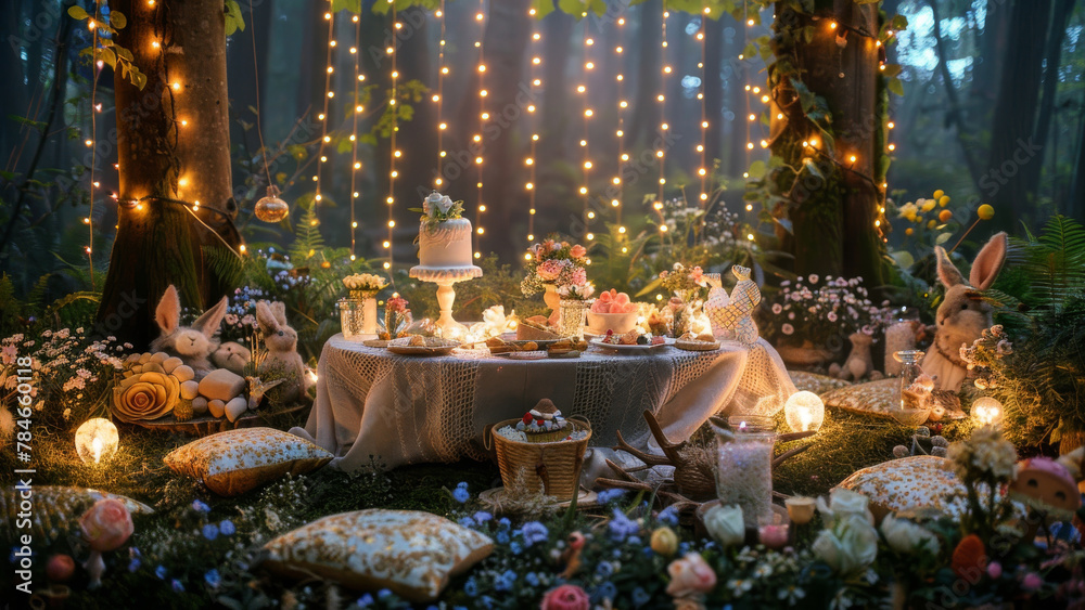 Obraz premium A whimsical tea party setup in the forest, adorned with fairy lights, stuffed bunnies, and a spread of sweet treats amidst floral arrangements.
