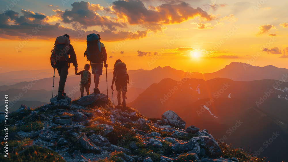Silhouettes of a family with backpacks hiking on a mountain trail against a stunning sunset background. - obrazy, fototapety, plakaty 