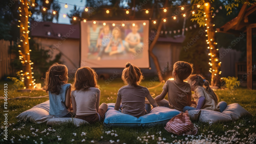 Group of kids enjoying an outdoor movie night in a cozy backyard with string lights.
