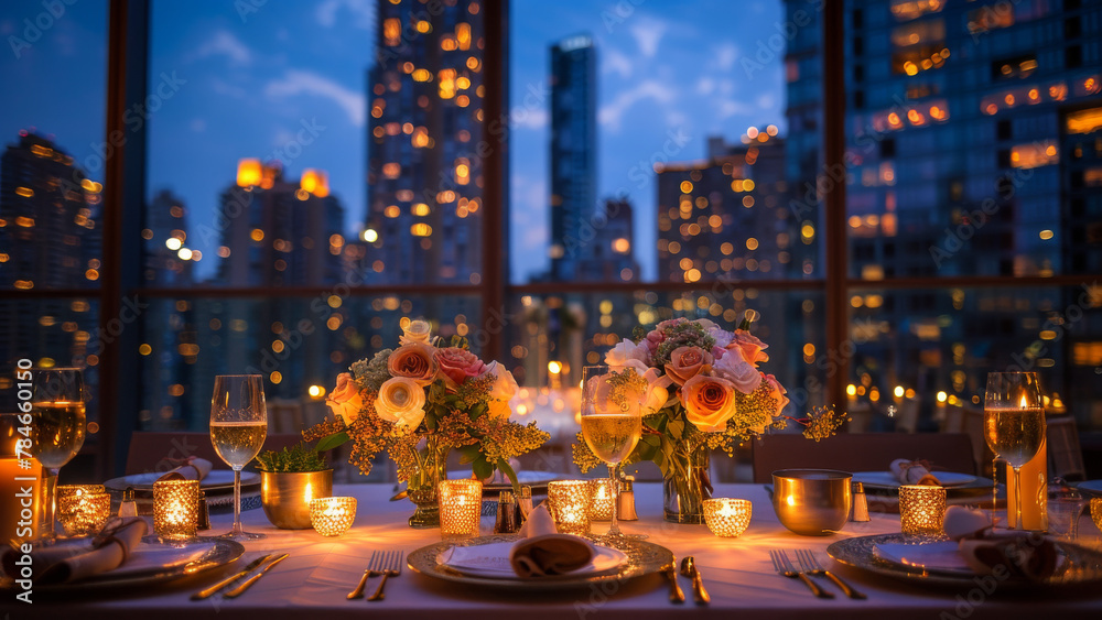 Sophisticated table arrangement with candlelight, fresh flowers, and champagne, featuring a beautiful urban skyline as evening falls.